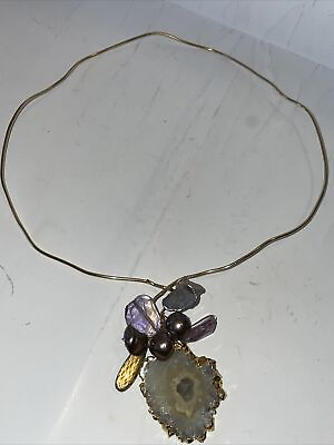 #ad Geode Slice Pendant Necklace Gold plated Wire Choker Other Stones $23.99