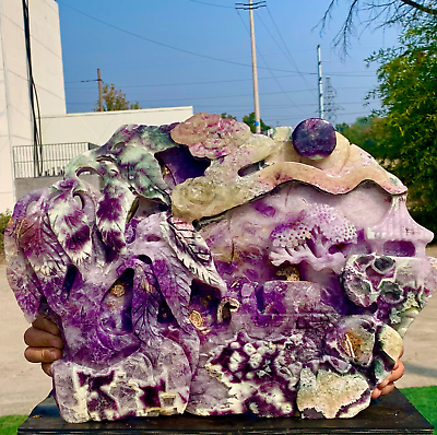 #ad 19.29LB Natural purple fluorite cube hand carved Relief landscape mineral sample $2916.00