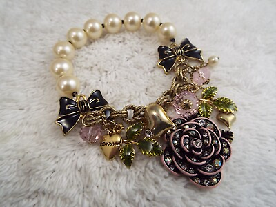 #ad BETSY JOHNSON Rhinestone Pink Rose Bow Heart Charm Stretch Bracelet B41 $39.08
