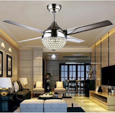 #ad 44quot; LED Crystal Ceiling Fan Light Stainless Ceiling Fixture Chandelier w Remote $76.05