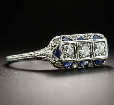 #ad Art Deco Vintage Style Lab Created Diamond amp; Sapphire Engagement 925 Silver Ring $64.75