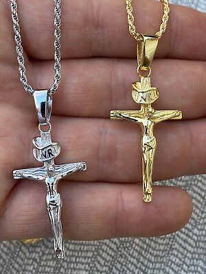 #ad Real Solid 925 Sterling Silver Plain Inri Cross Jesus Crucifix Pendant Necklace $35.35
