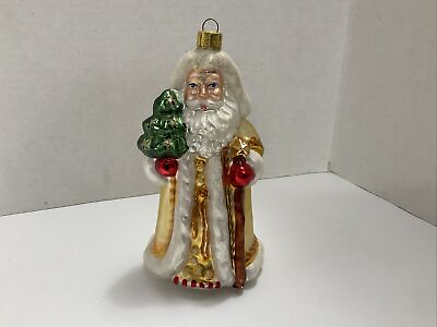 #ad Vintage BK Mercury Gold Glass Santa w Tree Ornament 6.5 Inch $10.00