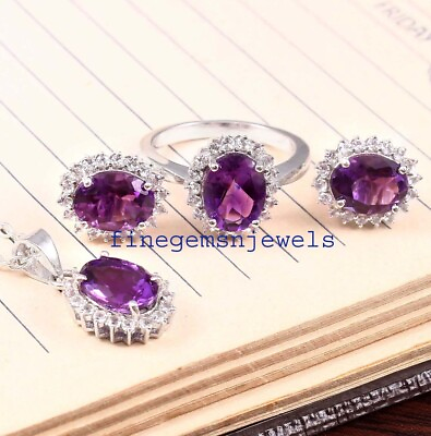 #ad Natural Amethyst amp; CZ Stones 925 Sterling silver Pendant Ring Earrings Set #4333 $99.00