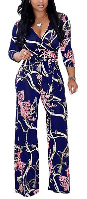 #ad BOGURST Navy Blue Rompers Women Sexy Jumpsuits Elegant Print Straight Long Pa... $44.92
