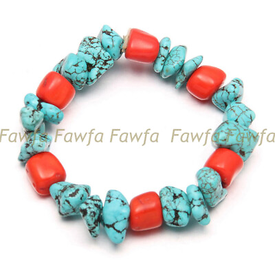 #ad Natural 8 16mm Red Coral amp; Blue Turquoise Irregular Gems Elastic Bracelet 7.5#x27;#x27; $5.20