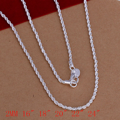 #ad 2PCS 925Sterling Silver Flash Wrested Rope Unisex Chains Necklace 2mm 16quot; 30quot; $12.52