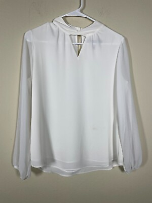 #ad White House Black Market Women#x27;s White blouse LS 4P High Collar Career $9.52