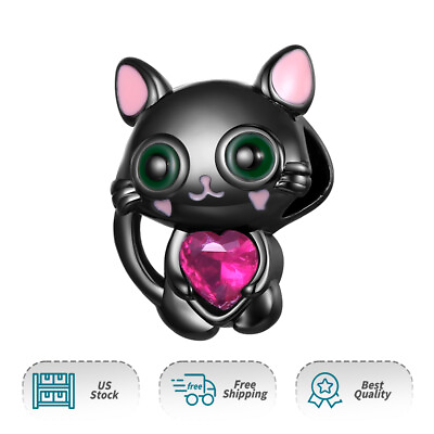 #ad Authentic S925 Bracelet Charm Black Cat Pink Heart Stone Bead Charm Animals $17.98