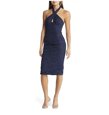 #ad Bardot Riviera Crossover Cutout Halter Midi Lace Navy Blue Dress Size M NWT $29.99