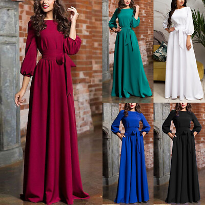 #ad #ad Womens Elegance Evening Dress Lantern Sleeve Solid Color Long Party Dress Belt❉ C $21.35