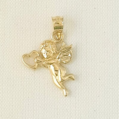 #ad 14k Yellow Gold Cherub Angel with Floating Heart Pendant Charm Made in USA $83.99