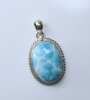 #ad 925 Sterling Silver Pendant Natural Larimar Smooth Cabochon Stone Pendant $22.39