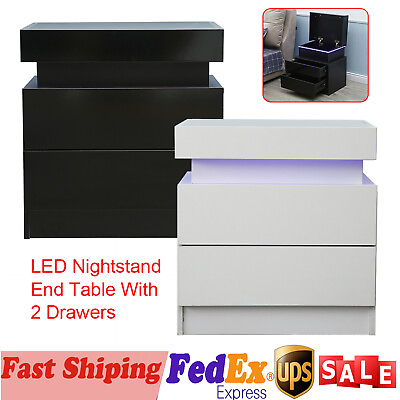 #ad Modern Bedroom Nightstand w 2 Drawer LED Light High Gloss Bedside Table Dresser $46.55