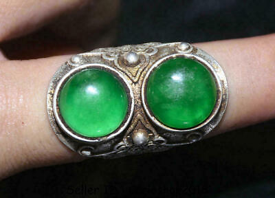 #ad 1.6quot; Old Chinese Dynasty Palace Silver inlay Green Jade Gem Jewelry ring Rings $107.90