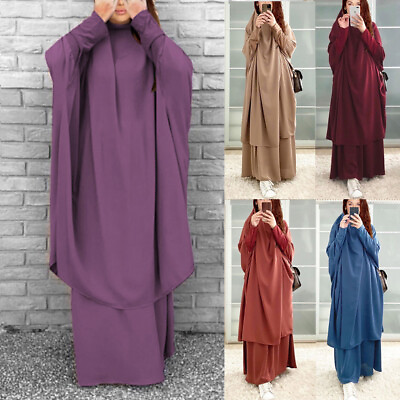 #ad 2pcs Islamic Khimar Jilbab Set Muslim Women Hijab Abaya Prayer Dress Kaftan Gown $29.63