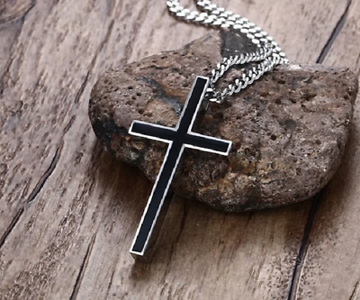 #ad 2 Sided CROSS BLACK SILVER CHRISTIAN PRAY Pendant 925 Sterling 26quot; Necklace Men $19.94