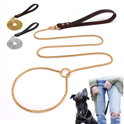 #ad Stainless Steel Gold Chain Dog Leash Leather Handle Training Slip P Choke Collar $42.99