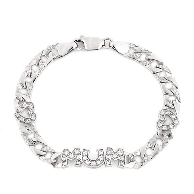 #ad STERLING SILVER MUM BRACELET LADIES SOLID IDENTITY CURB NAME CHAIN ID CZ BOXED GBP 69.99