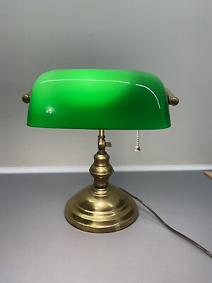 #ad Vintage Glass Goose Neck Green Brass Banker Piano Desk Lamp Art Deco $38.00