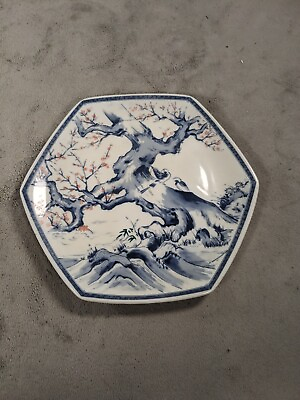 #ad Vintage Hexagonal Blossom Tree Pink And Blue Plate $19.98