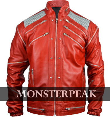 #ad MJ Beat It Michael Jackson Red Leather Jacket with Real Metal Mesh XXS 5XL $120.00