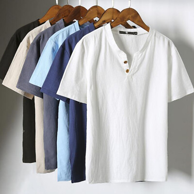 #ad Men Neck Plain Loose T Shirt Short Sleeve Casual Summer Grandad Shirts UK AU $9.98