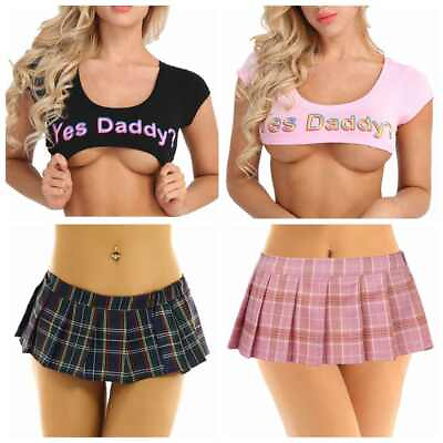 #ad Womens Lingerie School Girl Uniform Costume Outfit Top Mini Plaid Skirt Cosplay $17.91