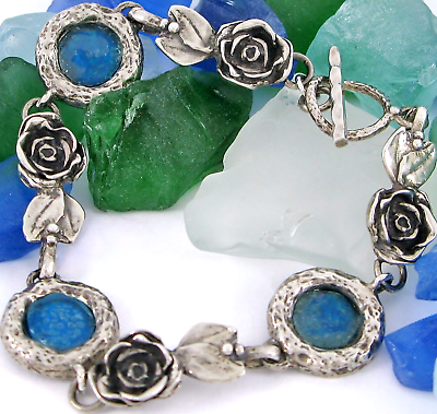 #ad Bruria Tamir Israel Sterling Silver 925 Roman Glass amp; Floral Link Bracelet $122.47