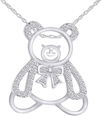#ad Round Simulated Diamond Lovely Teddy Bear Pendant Necklace Gold Plated Sterlg $71.99