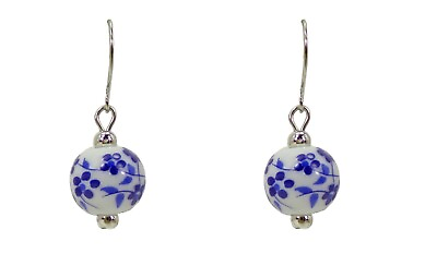 #ad Precious Blue Flower Porcelain Beaded Earrings Blue Flower Bead Earrings New $5.99