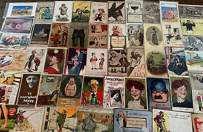 #ad Big LOT OF 68 Old COMIC funny HUMOR Antique 1900s POSTCARDS All In Sleeves h664 $45.95