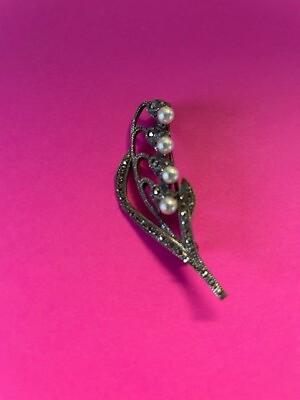 #ad Lily of the Valley Saltwater Cultured Pearl Marcasite Sterling Antique Pin $92.00