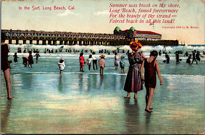 #ad quot;In The Surfquot; LONG BEACH PIER California Postcard w Poem M. Rieder #9026 c1908 $12.95