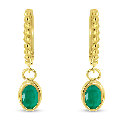 #ad 14K Yellow Gold Oval Emerald Dangle Birthstone Textured Huggie Earrings $418.28