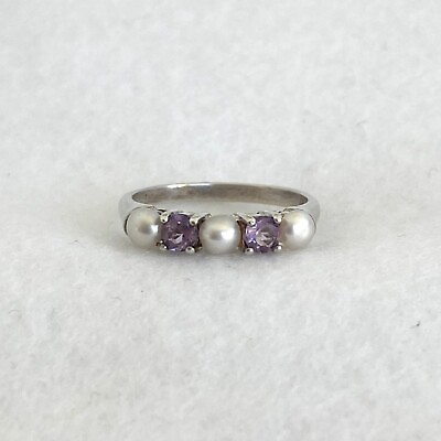 #ad Sterling Silver 925 Multi Gemstone Round Amethyst Genuine Pearl Band Ring Sz 7 $45.00