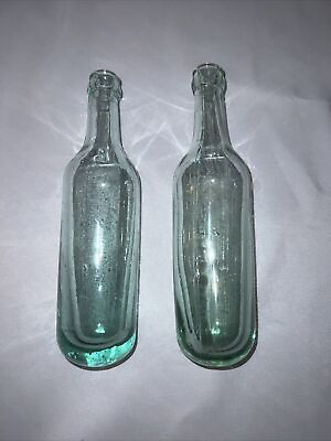 #ad Antique Green Blown Glass Torpedo Round Bottom Ship Bottles Two $28.00
