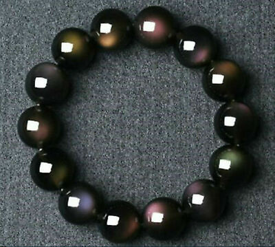 #ad 100% Natural 12mm Black Obsidian Rainbow Gemstone Round Beads Stretch Bracelet $5.72
