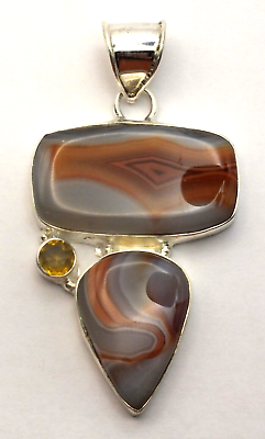 #ad Banded Carnelian Cabochon Citrine Round Sterling Silver Pendant Charm LH164 $28.00