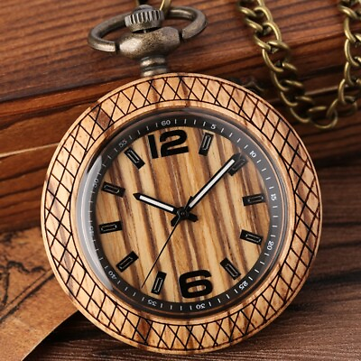 #ad Steampunk Wooden Case Quartz Pocket Watch Analog with Pendant Chain Fob Watches $15.73