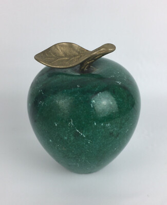 #ad Apple Paperweight Green Marble Stone Brass Stem Leaf $11.90