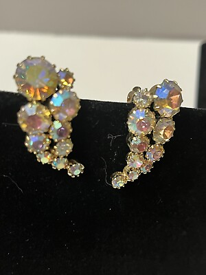 #ad Vintage Aurora Borealis Rhinestone Gold Tones Clip Earrings Beautiful 1.5 in $18.50