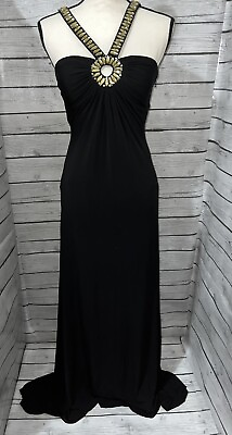 #ad Calvin Klein Black Floor Length Formal Dress Size 4 Halter With Rhinestones $24.99