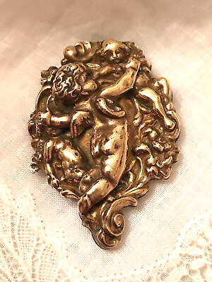 #ad Antique Victorian Cherub Dress Scraf Clip Brass Angel 3D Figural Brooch Pin $125.00
