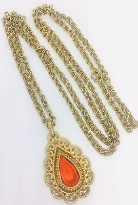 #ad Beautiful Large Orange Teardrop Necklace Ornate Gilt Filigree Vintage Jewelry $26.99