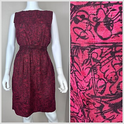 #ad Vintage 1960s Raspberry Scribble Print Sleeveless Dress 60s Handmade $65.00