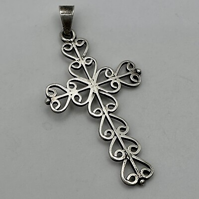 #ad Scrolled Hearts Cross Pendant Signed David 925 Handcrafted Sterling Silver $59.99