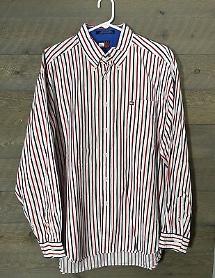 #ad Tommy Hilfiger Mens Shirt XL Red White Blue Striped Button Down Vintage $24.99