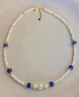 #ad Beaded necklace blue necklace pearl necklace freshwater pearl necklace seed $15.00