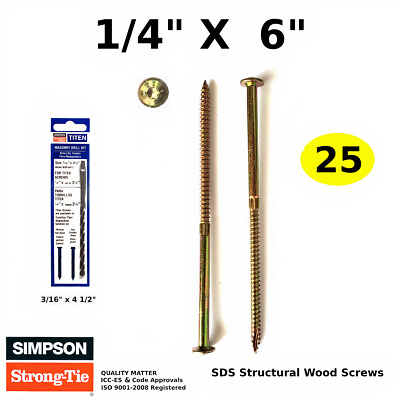 #ad SDS Structural Wood Screws 1 4quot; x 6quot; Simpson Strong Tie. Zinc Chromate 25 $29.66